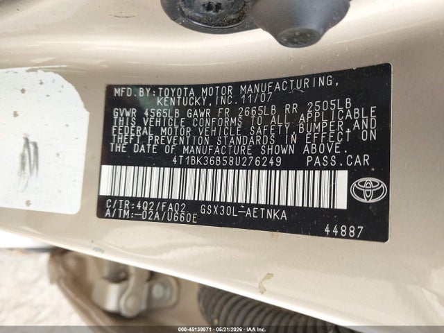 2008 Toyota Avalon Xl მანქანა იყიდება აუქციონზე, vin: 4T1BK36B58U276249, აუქციონის ნომერი: 45139971