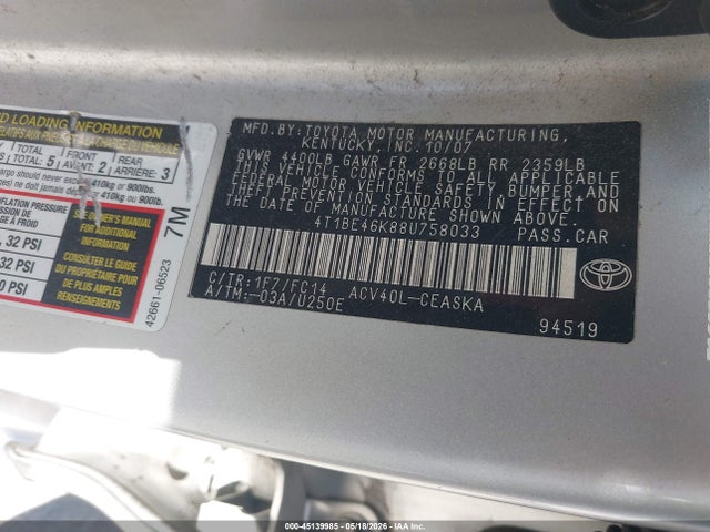 Aukcja sprzedaży 2008 Toyota Camry Se, vin: 4T1BE46K88U758033, numer aukcji: 45139985