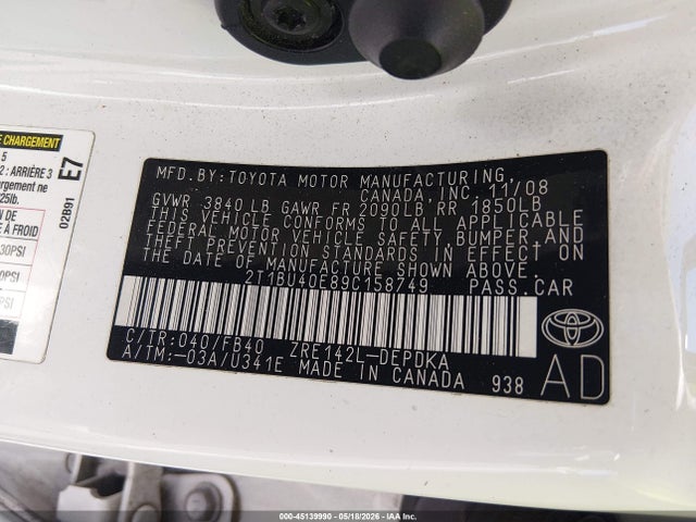 45139990 :رقم المزاد ، 2T1BU40E89C158749 vin ، 2009 Toyota Corolla Le مزاد بيع