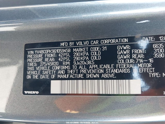 Продаж на аукціоні авто 2016 Volvo Xc90 Hybrid T8 Momentum, vin: YV4BC0PK9G1059458, номер лоту: 45139998