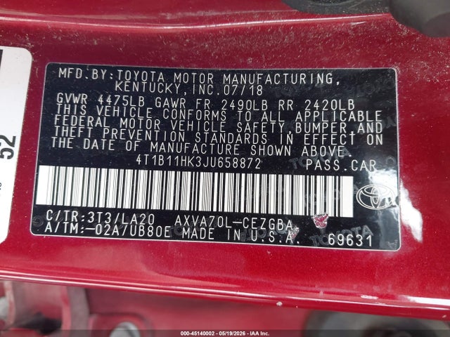 Aukcja sprzedaży 2018 Toyota Camry Xle, vin: 4T1B11HK3JU658872, numer aukcji: 45140002