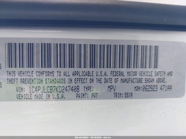 Aukcja sprzedaży 2019 Jeep Cherokee Latitude Fwd, vin: 1C4PJLCB7KD247408, numer aukcji: 45140007