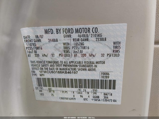 Aukcja sprzedaży 2008 Ford Escape Xlt, vin: 1FMCU93188KB46197, numer aukcji: 45140008