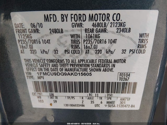 2010 Ford Escape Xlt მანქანა იყიდება აუქციონზე, vin: 1FMCU9DG9AKD15605, აუქციონის ნომერი: 45140010