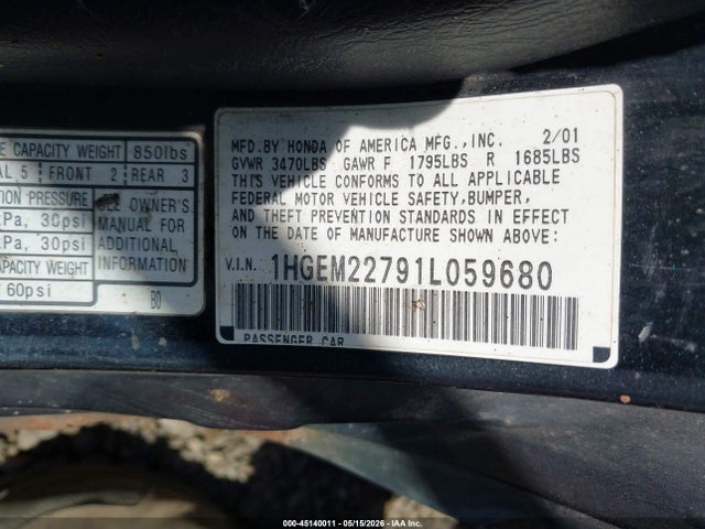 2001 Honda Civic Hx მანქანა იყიდება აუქციონზე, vin: 1HGEM22791L059680, აუქციონის ნომერი: 45140011