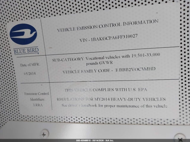 Blue Bird School Bus / Transit Bus 2015 1BAKGCPA6FF310027 Image 9