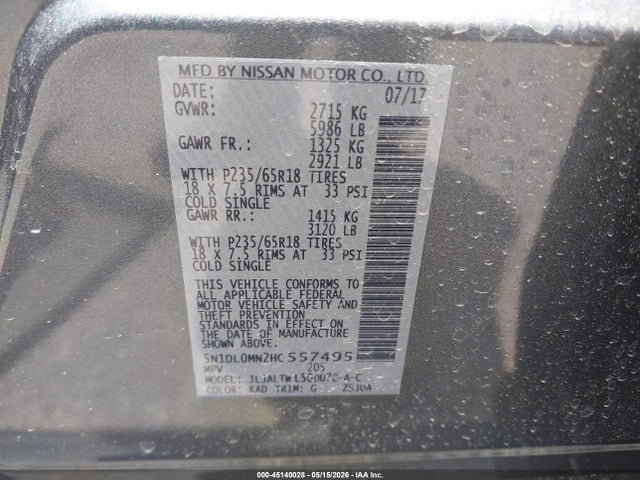 Aukcja sprzedaży 2017 Infiniti Qx60, vin: 5N1DL0MN2HC557495, numer aukcji: 45140028