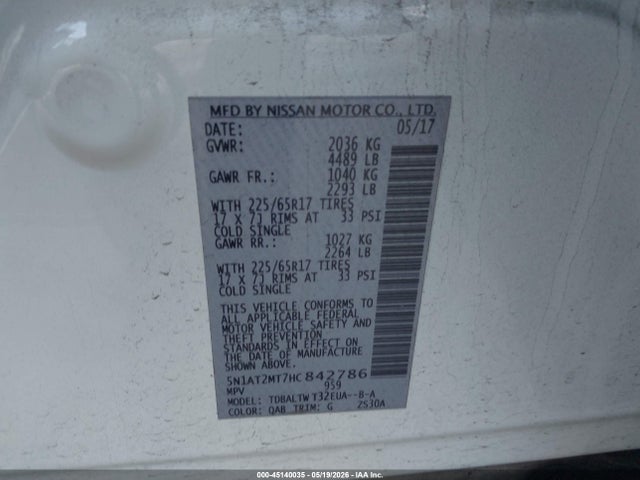 Aukcja sprzedaży 2017 Nissan Rogue Sv, vin: 5N1AT2MT7HC842786, numer aukcji: 45140035