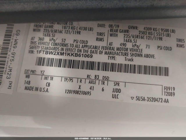 Aukcja sprzedaży 2019 Ford Transit-350, vin: 1FTBW2XM1KKB61069, numer aukcji: 45140048