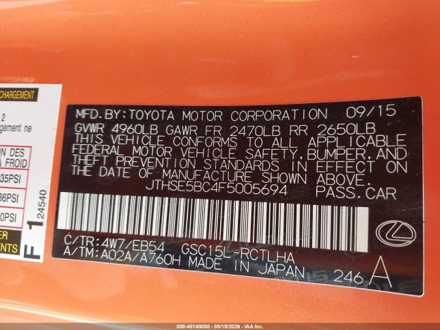 45140050 :رقم المزاد ، JTHSE5BC4F5005694 vin ، 2015 Lexus Rc 350 مزاد بيع