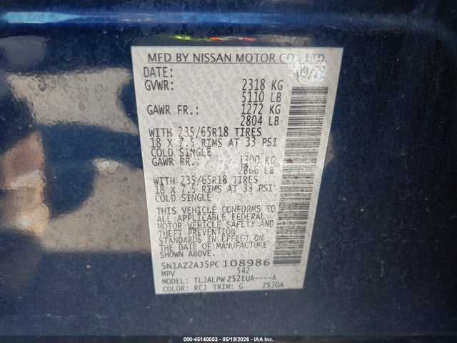 45140053 :رقم المزاد ، 5N1AZ2AJ5PC108986 vin ، 2023 Nissan Murano S Fwd مزاد بيع