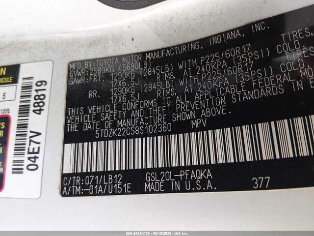 2008 Toyota Sienna Xle მანქანა იყიდება აუქციონზე, vin: 5TDZK22C58S102360, აუქციონის ნომერი: 45140059
