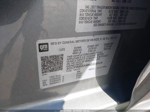 45140068 :رقم المزاد ، 3GCPWBEK8NG118514 vin ، 2022 Chevrolet Silverado 1500 Ltd 2wd  Short Bed Custom مزاد بيع