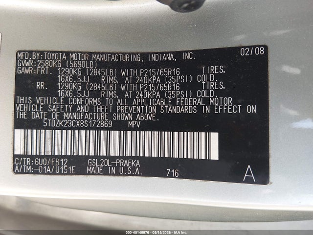 45140076 :رقم المزاد ، 5TDZK23CX8S172869 vin ، 2008 Toyota Sienna Ce مزاد بيع
