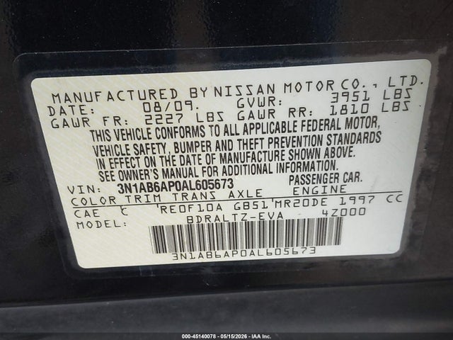 Продаж на аукціоні авто 2010 Nissan Sentra 2.0s, vin: 3N1AB6AP0AL605673, номер лоту: 45140078
