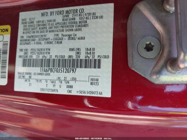 45140083 :رقم المزاد ، 1FA6P8CF0J5120797 vin ، 2018 Ford Mustang Gt مزاد بيع