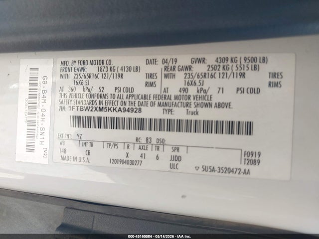 Aukcja sprzedaży 2019 Ford Transit-350, vin: 1FTBW2XM5KKA94928, numer aukcji: 45140084