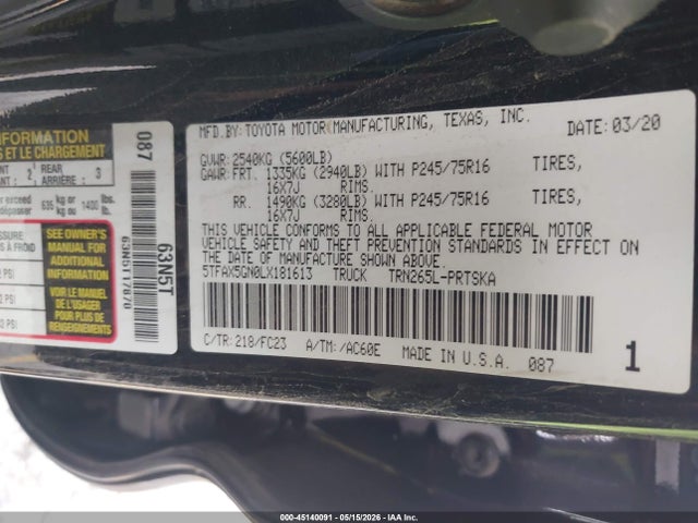 5TFAX5GN0LX181613 Toyota Tacoma Sr5