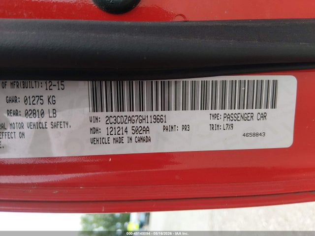 Продаж на аукціоні авто 2016 Dodge Challenger Sxt, vin: 2C3CDZAG7GH119661, номер лоту: 45140094