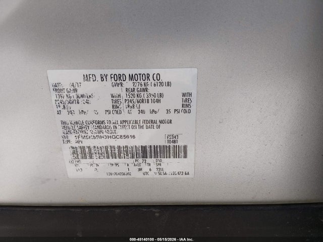 1FM5K8BH3HGC85616 Ford Explorer