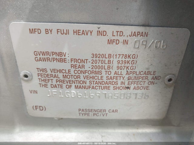 Продаж на аукціоні авто 2007 Subaru Impreza 2.5i, vin: JF1GD61697H508736, номер лоту: 45140113