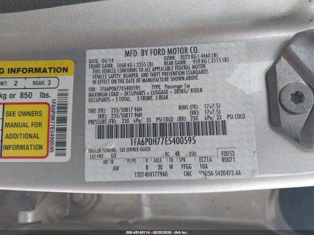 Продаж на аукціоні авто 2014 Ford Fusion Se, vin: 1FA6P0H77E5400595, номер лоту: 45140114