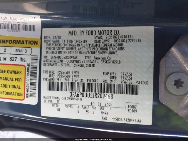 Aukcja sprzedaży 2018 Ford Fusion Hybrid S, vin: 3FA6P0UU5JR209468, numer aukcji: 45140117