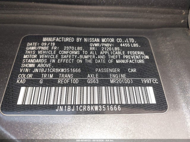Aukcja sprzedaży 2019 Nissan Rogue Sport Sv, vin: JN1BJ1CR8KW351666, numer aukcji: 45140123