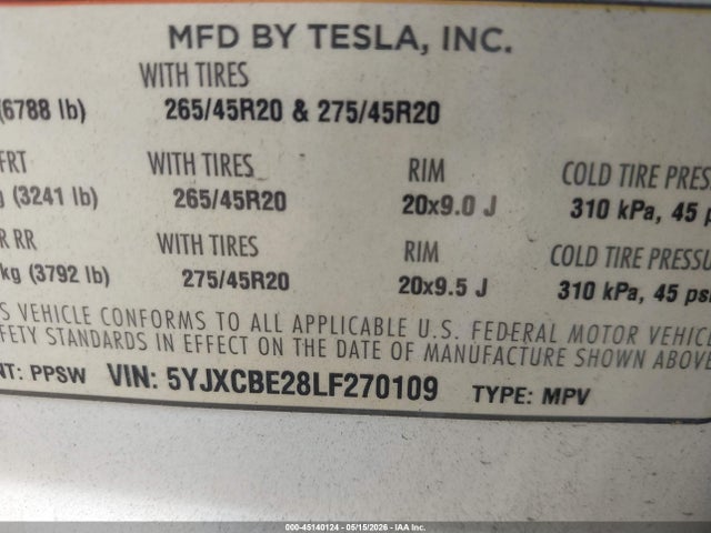 Продаж на аукціоні авто 2020 Tesla Model X, vin: 5YJXCBE28LF270109, номер лоту: 45140124