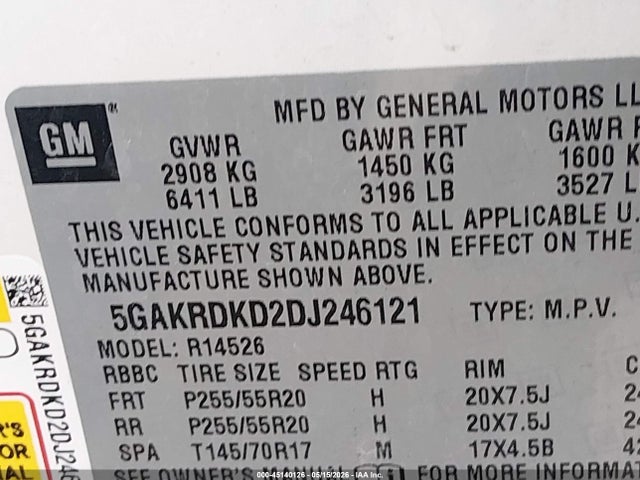 45140126 :رقم المزاد ، 5GAKRDKD2DJ246121 vin ، 2013 Buick Enclave Premium مزاد بيع