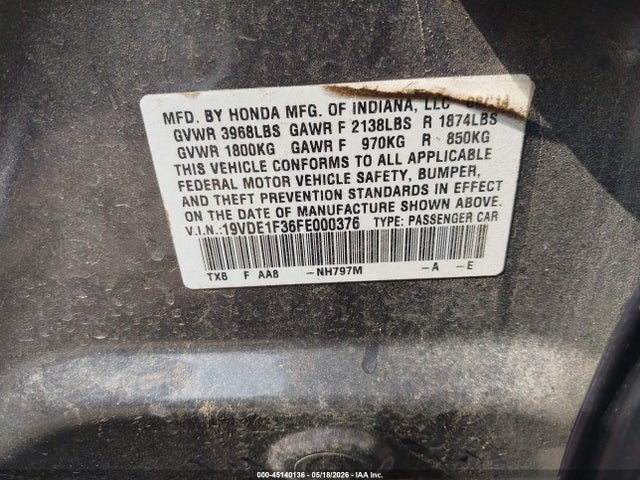 45140136 :رقم المزاد ، 19VDE1F36FE000376 vin ، 2015 Acura Ilx 2.0l مزاد بيع