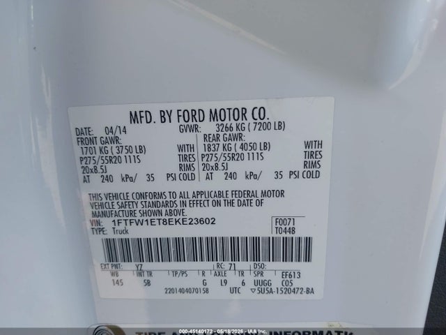 Aukcja sprzedaży 2014 Ford F-150 Fx4, vin: 1FTFW1ET8EKE23602, numer aukcji: 45140172