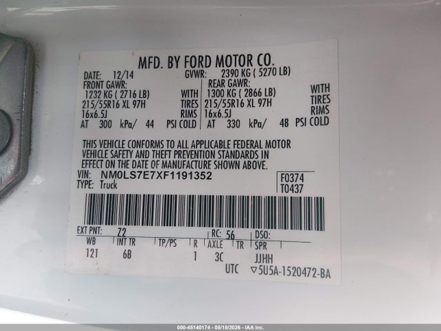 Aukcja sprzedaży 2015 Ford Transit Connect Xl, vin: NM0LS7E7XF1191352, numer aukcji: 45140174