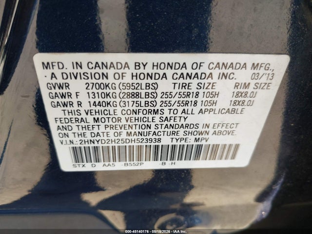 2013 Acura Mdx მანქანა იყიდება აუქციონზე, vin: 2HNYD2H25DH523938, აუქციონის ნომერი: 45140176