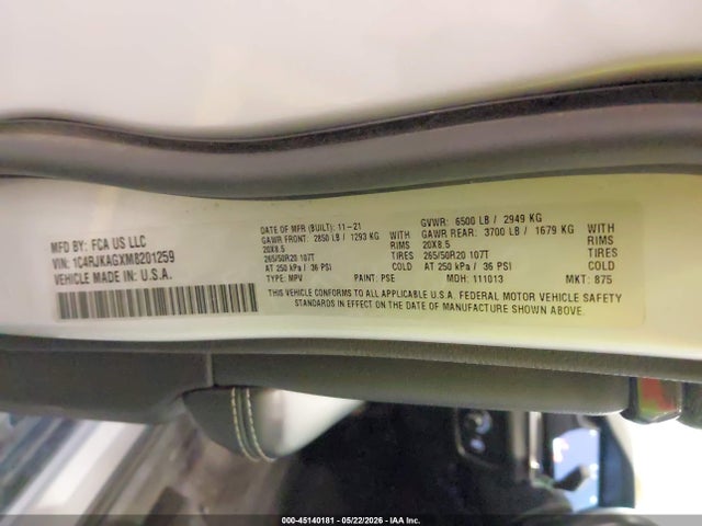 1C4RJKAGXM8201259 Jeep Grand Cherokee L Altitude 4x4