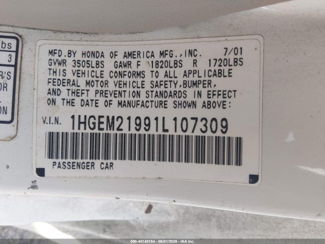 45140184 :رقم المزاد ، 1HGEM21991L107309 vin ، 2001 Honda Civic Ex مزاد بيع