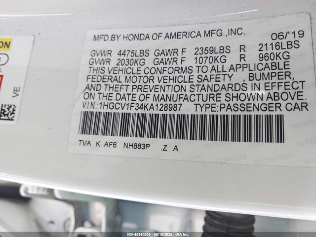 45140203 :رقم المزاد ، 1HGCV1F34KA128987 vin ، 2019 Honda Accord Sport مزاد بيع