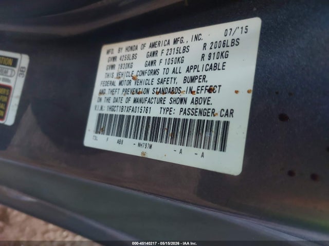 45140217 :رقم المزاد ، 1HGCT1B7XFA015761 vin ، 2015 Honda Accord Ex مزاد بيع