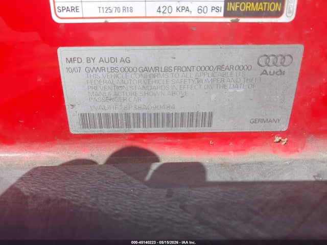 Aukcja sprzedaży 2008 Audi A3 2.0t, vin: WAUHF78P38A090484, numer aukcji: 45140223