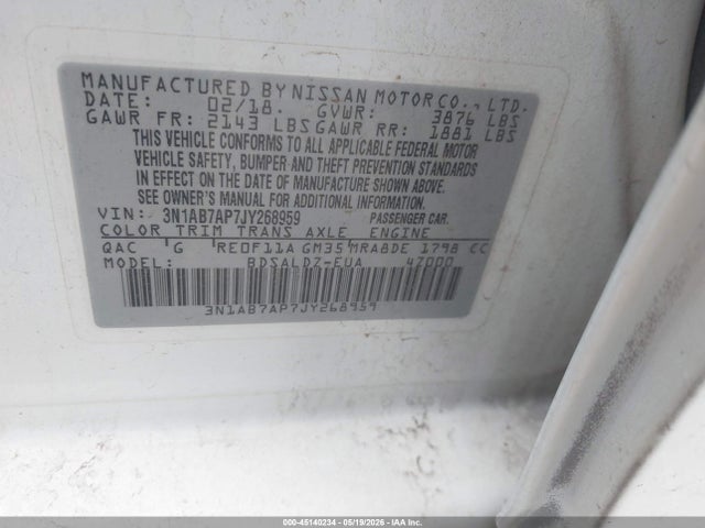 Aukcja sprzedaży 2018 Nissan Sentra Sv, vin: 3N1AB7AP7JY268959, numer aukcji: 45140234