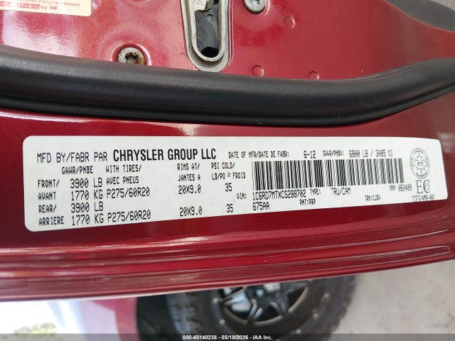 Продажа на аукционе авто 2012 Ram 1500 Sport, vin: 1C6RD7MTXCS288702, номер лота: 45140238