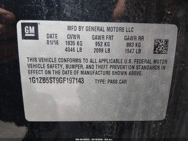 Aukcja sprzedaży 2016 Chevrolet Malibu Ls, vin: 1G1ZB5ST9GF197143, numer aukcji: 45140242