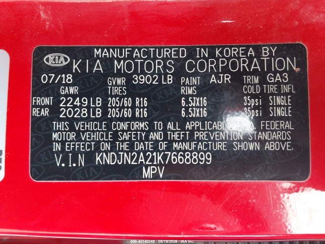 2019 Kia Soul მანქანა იყიდება აუქციონზე, vin: KNDJN2A21K7668899, აუქციონის ნომერი: 45140248