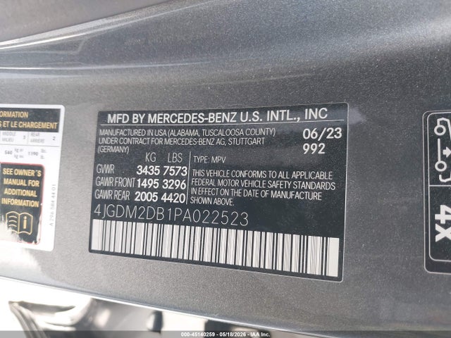 45140259 :رقم المزاد ، 4JGDM2DB1PA022523 vin ، 2023 Mercedes-benz Eqs 450+ Suv مزاد بيع