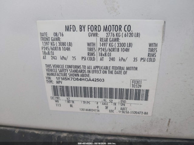 Aukcja sprzedaży 2017 Ford Explorer Xlt, vin: 1FM5K7D84HGA42503, numer aukcji: 45140263