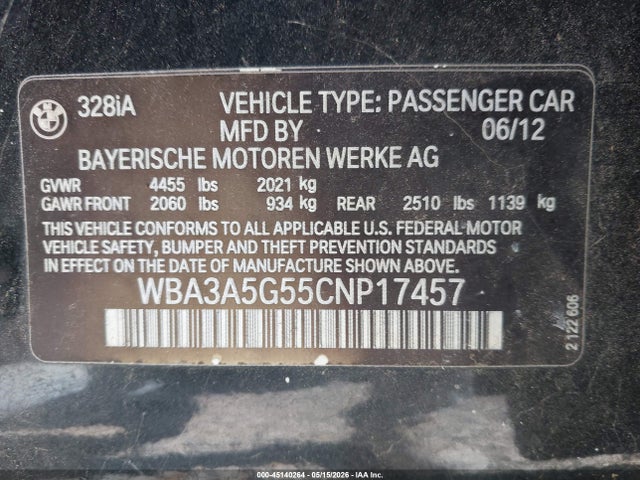 Продаж на аукціоні авто 2012 Bmw 328i, vin: WBA3A5G55CNP17457, номер лоту: 45140264
