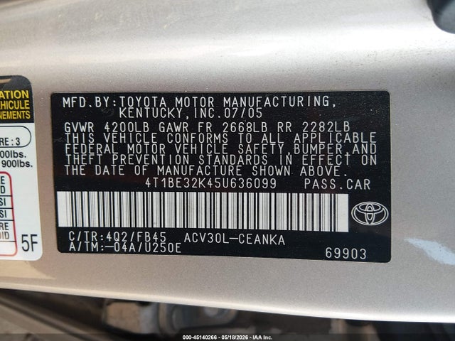Aukcja sprzedaży 2005 Toyota Camry Le, vin: 4T1BE32K45U636099, numer aukcji: 45140266