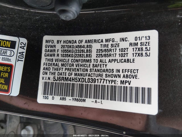 Продаж на аукціоні авто 2013 Honda Cr-v Ex, vin: 5J6RM4H5XDL039177, номер лоту: 45140271