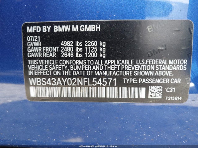 Продаж на аукціоні авто 2022 Bmw M3 Competition Xdrive, vin: WBS43AY02NFL54571, номер лоту: 45140300