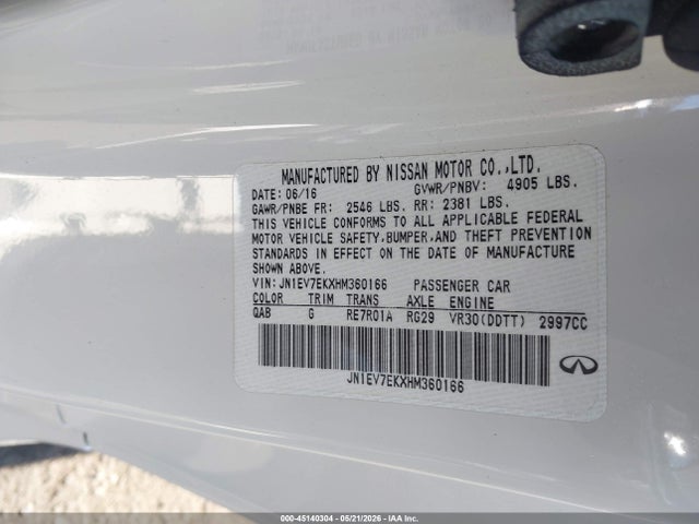 2017 Infiniti Q60 3.0t Premium მანქანა იყიდება აუქციონზე, vin: JN1EV7EKXHM360166, აუქციონის ნომერი: 45140304